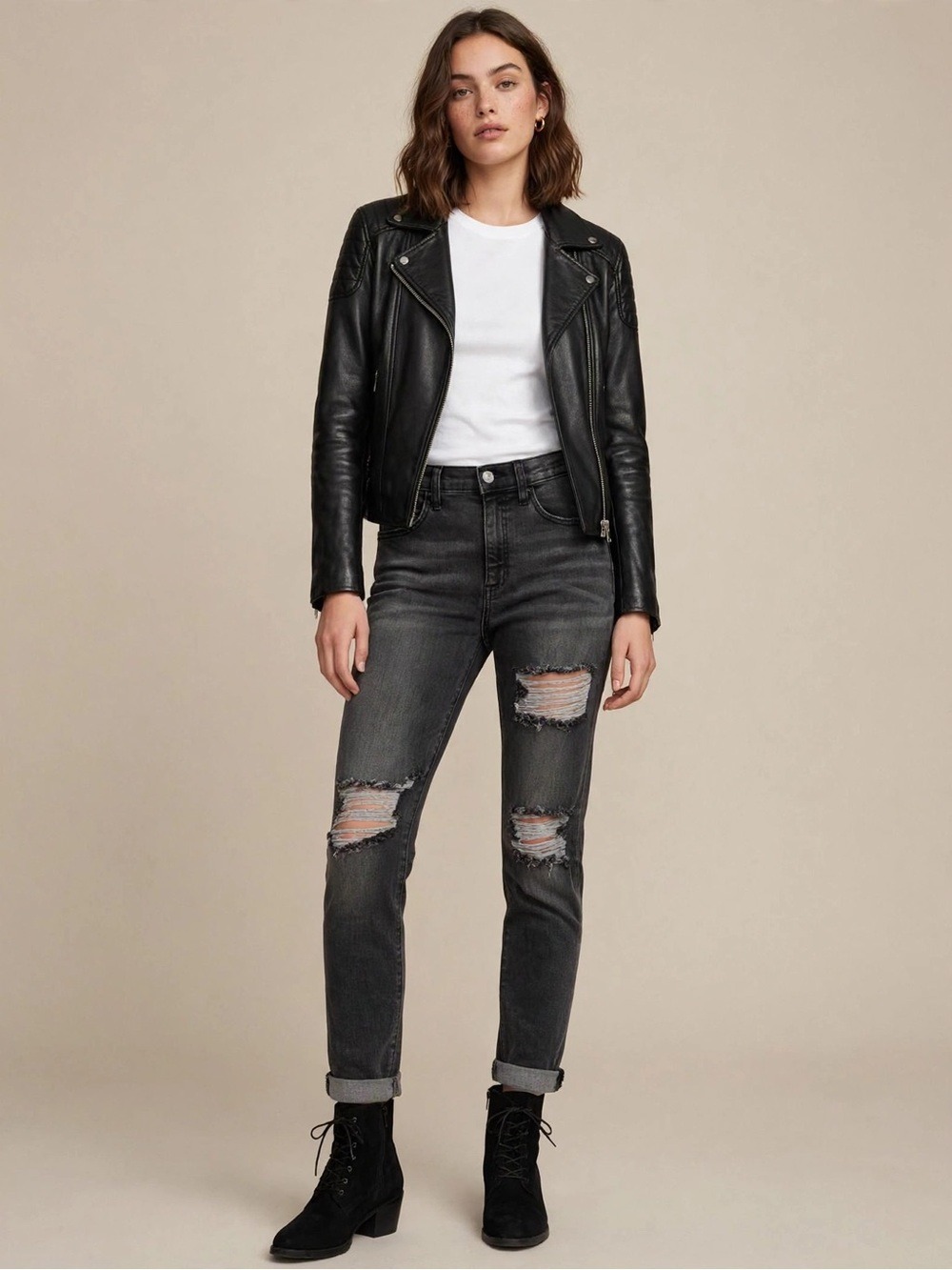 High-Rise Washed Black Ripped Women's Jeans